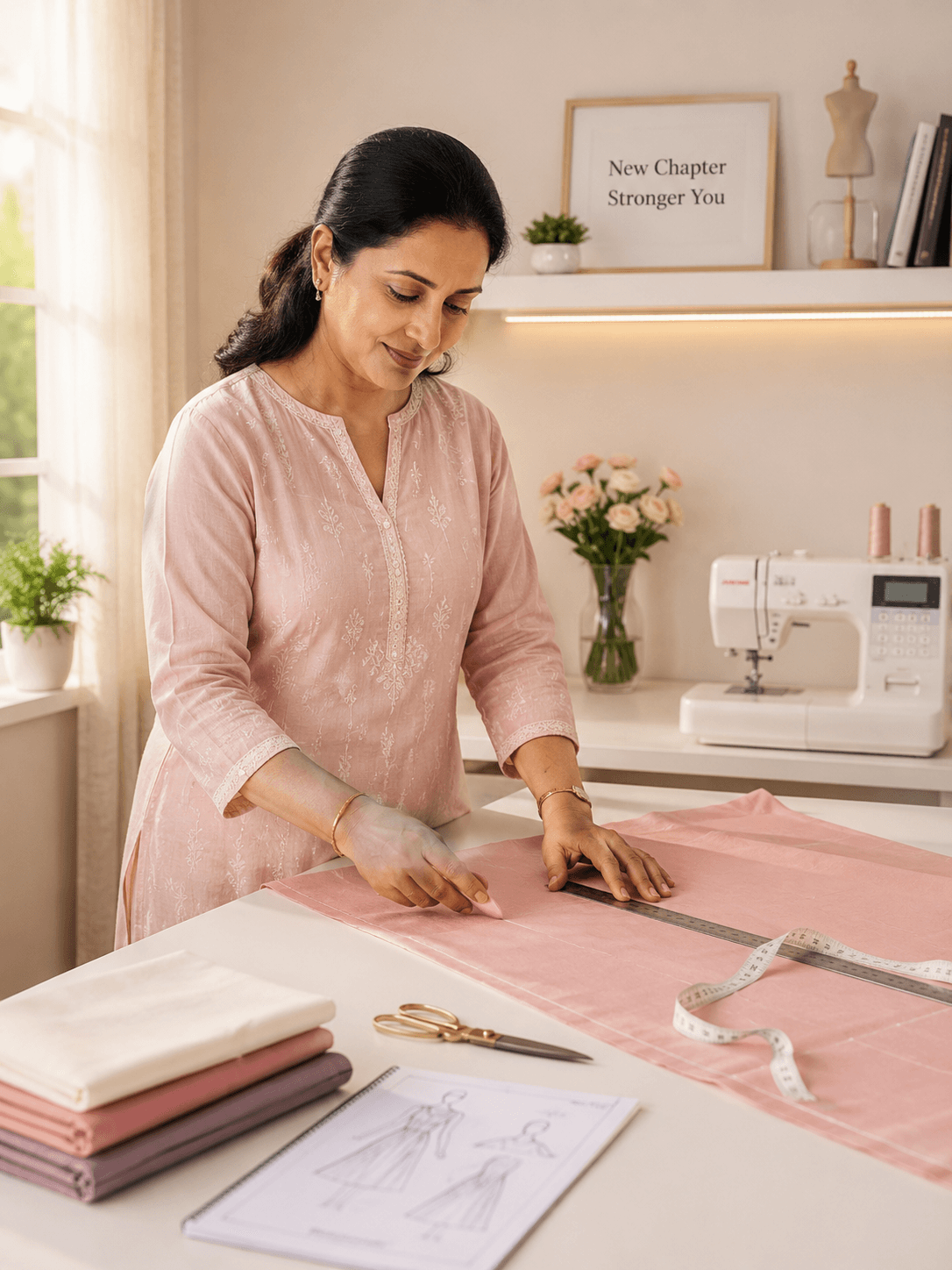 A boutique owner reviewing garment quality alongside her tailoring team