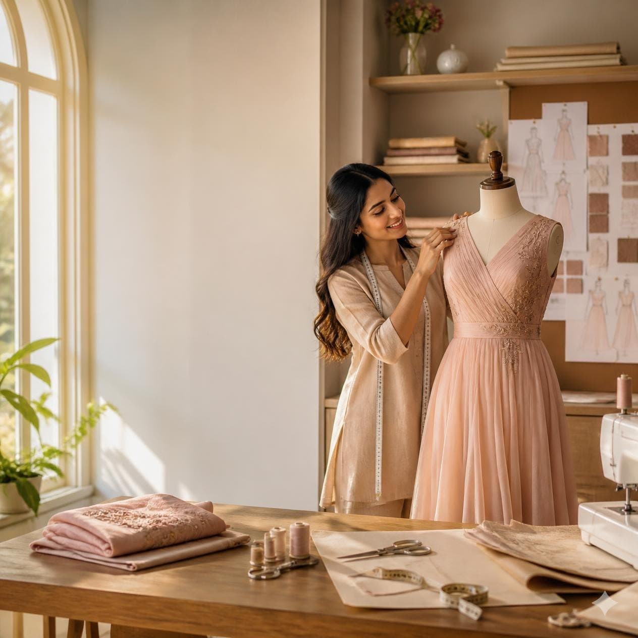 A returning student measuring fabric for her first garment in years