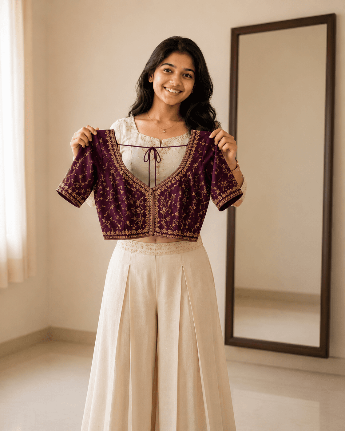A home tailor examining the finishing on a nearly-completed garment